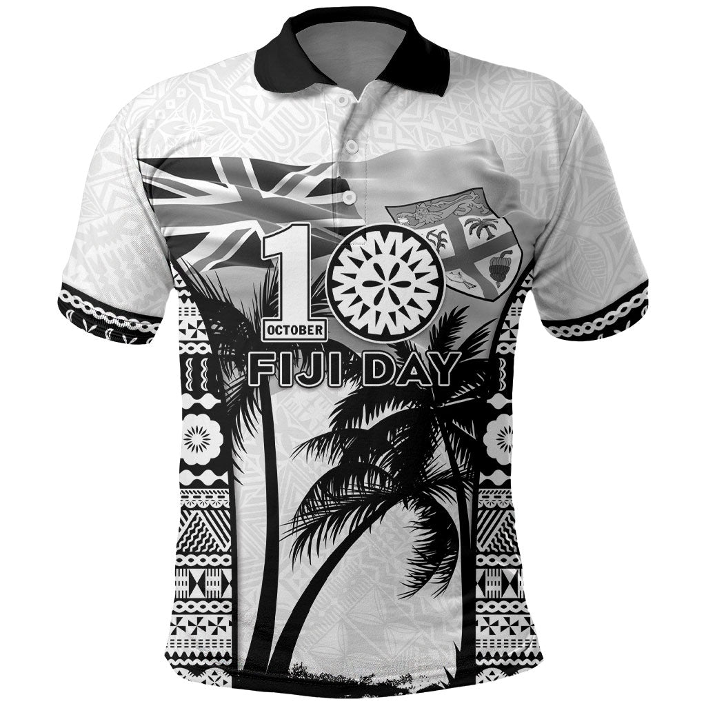 Personalised Fiji Day 2026 Polo Shirt Masi Tapa Pattern With Palm Tree White Version