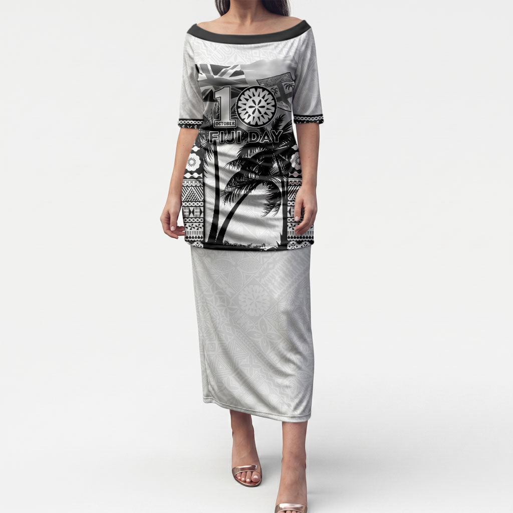 Personalised Fiji Day 2026 Puletasi Masi Tapa Pattern With Palm Tree White Version LT05 Long Dress White - Polynesian Pride