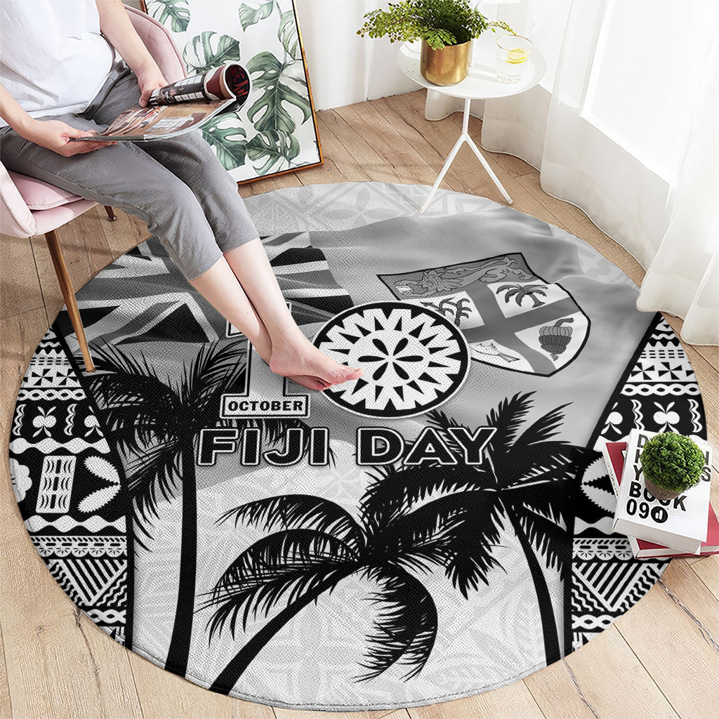 Fiji Day 2026 Round Carpet Masi Tapa Pattern With Palm Tree White Version LT05 - Polynesian Pride