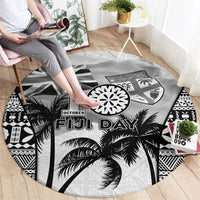 Fiji Day 2026 Round Carpet Masi Tapa Pattern With Palm Tree White Version LT05 - Polynesian Pride