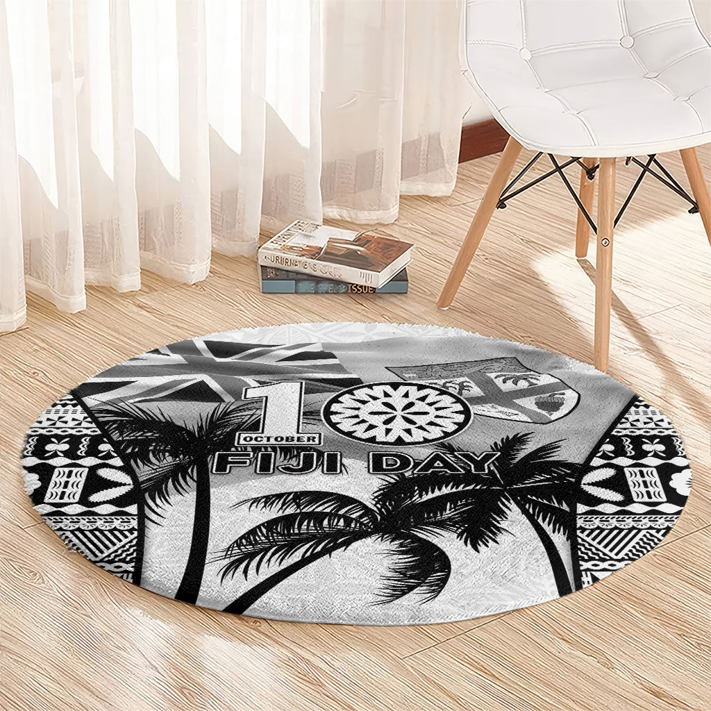 Fiji Day 2026 Round Carpet Masi Tapa Pattern With Palm Tree White Version LT05 - Polynesian Pride