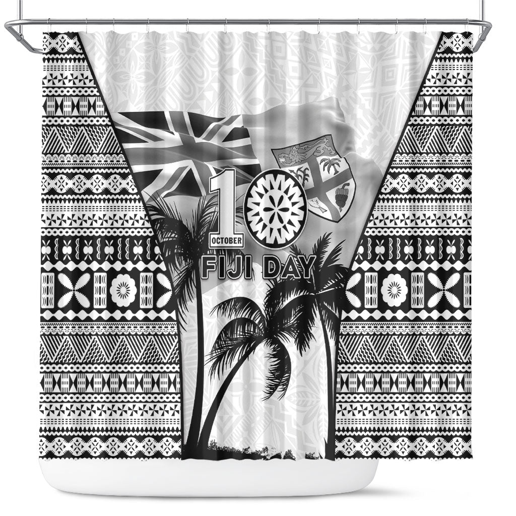 Fiji Day 2026 Shower Curtain Masi Tapa Pattern With Palm Tree White Version