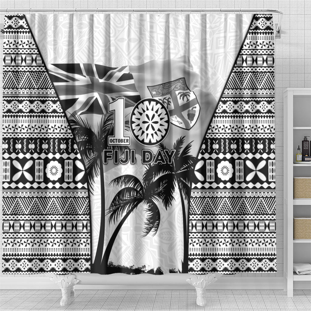 Fiji Day 2026 Shower Curtain Masi Tapa Pattern With Palm Tree White Version LT05 - Polynesian Pride