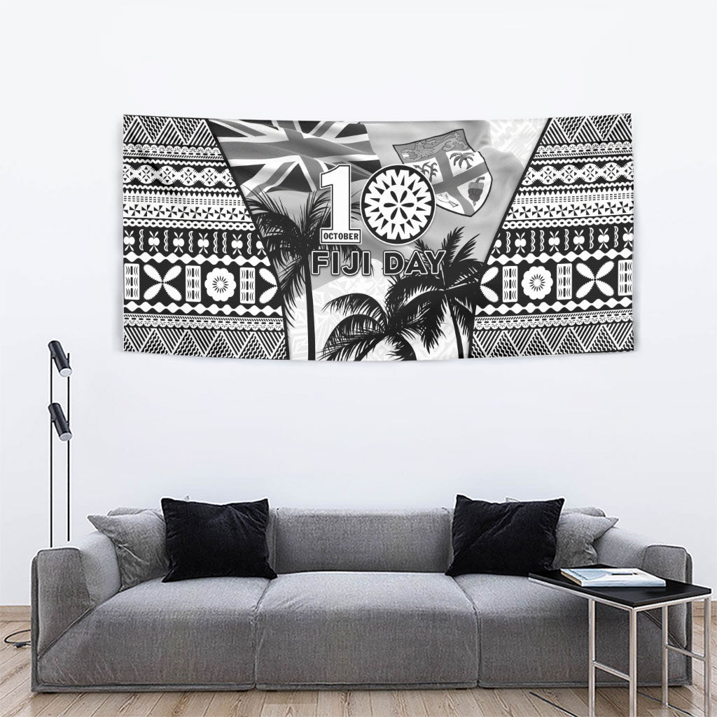 Fiji Day 2026 Tapestry Masi Tapa Pattern With Palm Tree White Version LT05 - Polynesian Pride