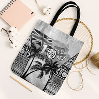 Fiji Day 2026 Tote Bag Masi Tapa Pattern With Palm Tree White Version LT05 Black Strap One Size White - Polynesian Pride