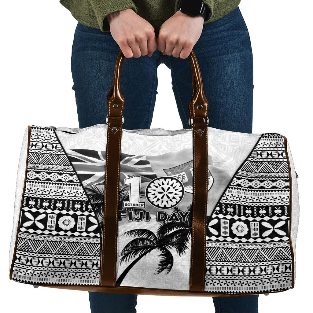 Fiji Day 2026 Travel Bag Masi Tapa Pattern With Palm Tree White Version