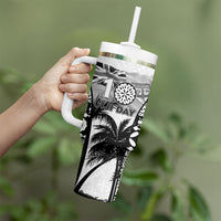 Personalised Fiji Day 2026 Tumbler With Handle Masi Tapa Pattern With Palm Tree White Version LT05 - Polynesian Pride