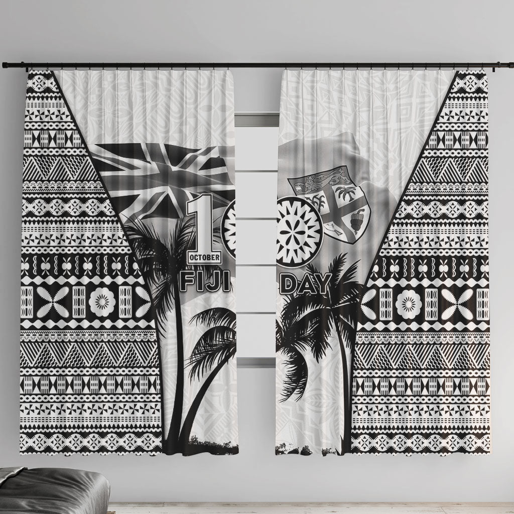 Fiji Day 2026 Window Curtain Masi Tapa Pattern With Palm Tree White Version