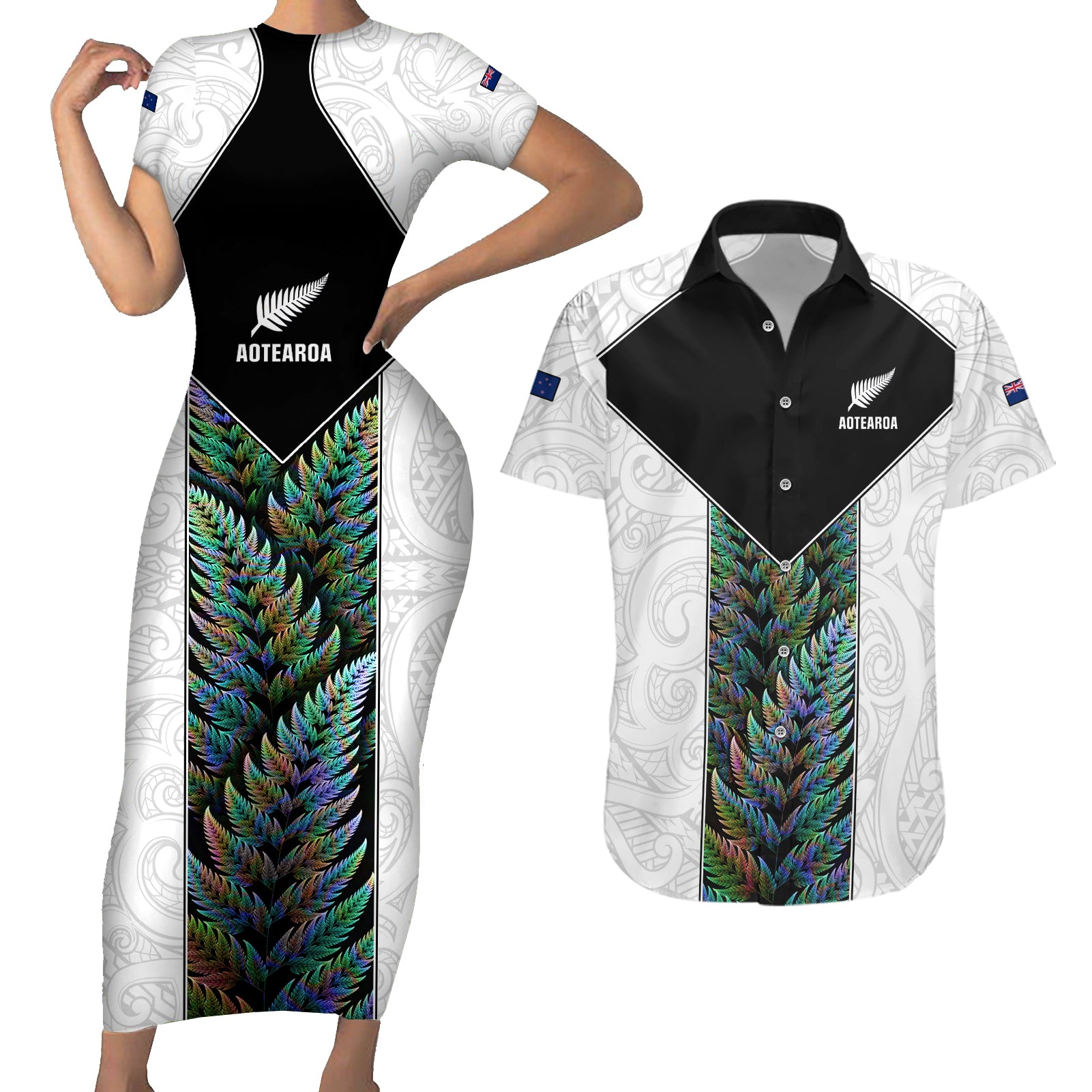 Custom New Zealand Fern Rugby Couples Matching Short Sleeve Bodycon Dress and Hawaiian Shirt World Cup 2023 Paua Shell Maori Pattern LT05 White - Polynesian Pride