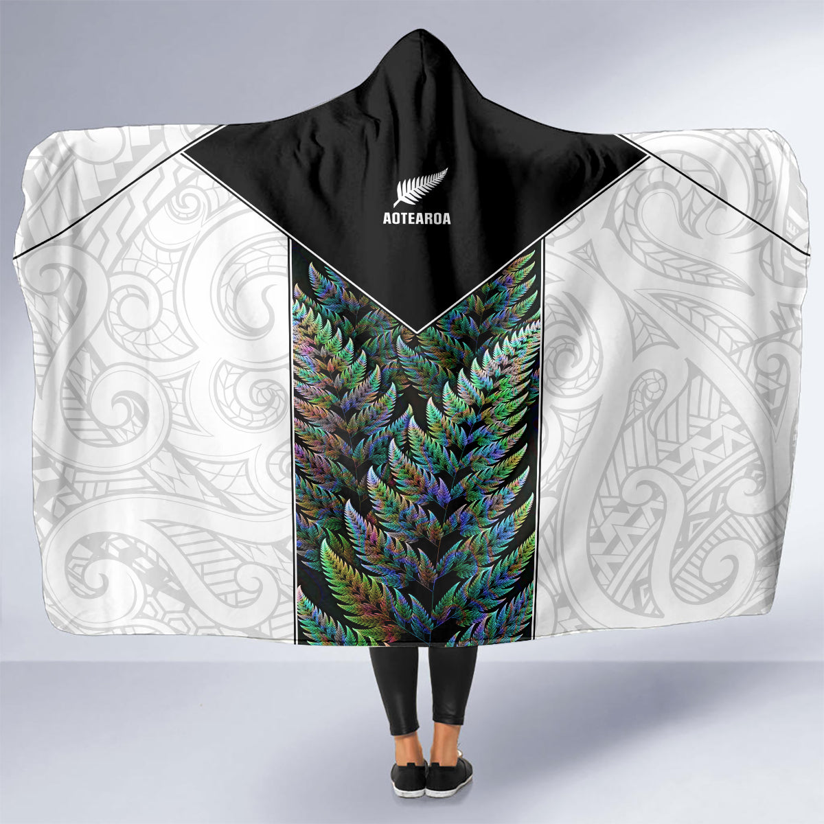 New Zealand Fern Rugby Hooded Blanket World Cup 2023 Paua Shell Maori Pattern LT05 - Polynesian Pride