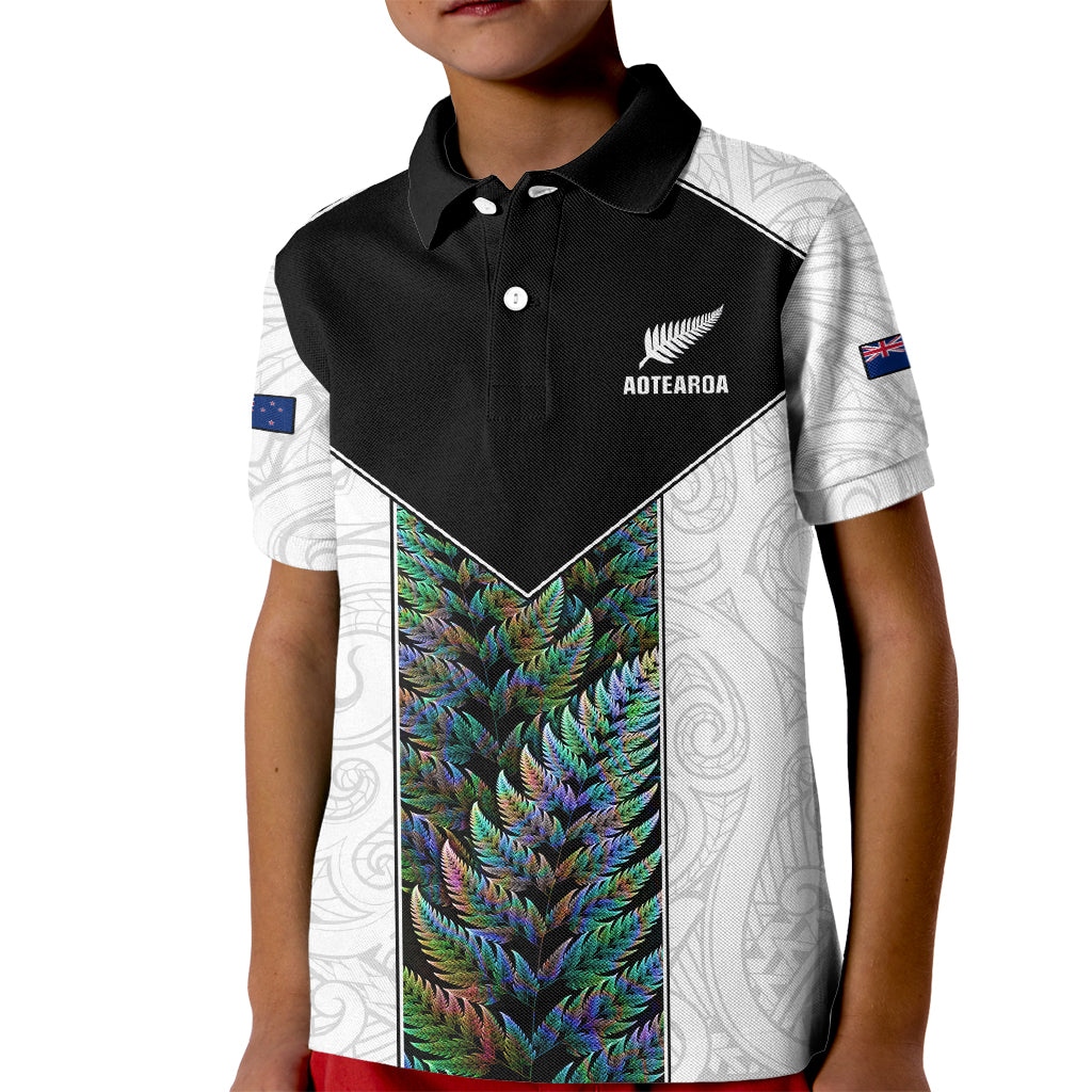 Custom New Zealand Fern Rugby Kid Polo Shirt World Cup 2023 Paua Shell Maori Pattern LT05 Kid White - Polynesian Pride