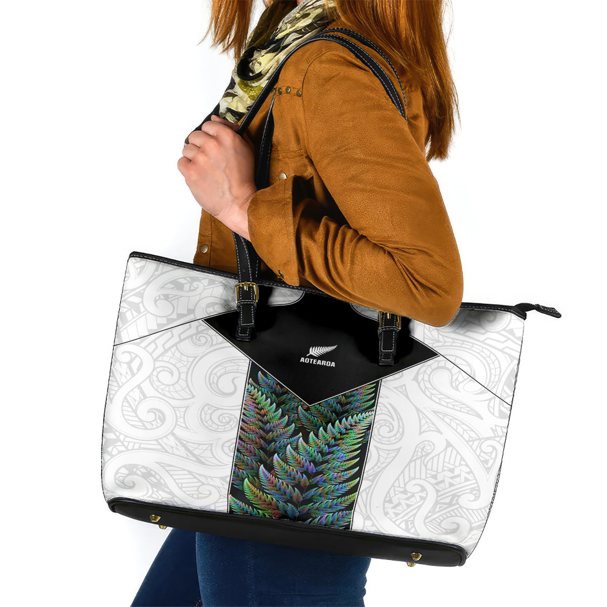 New Zealand Fern Rugby Leather Tote Bag World Cup 2023 Paua Shell Maori Pattern LT05 White - Polynesian Pride