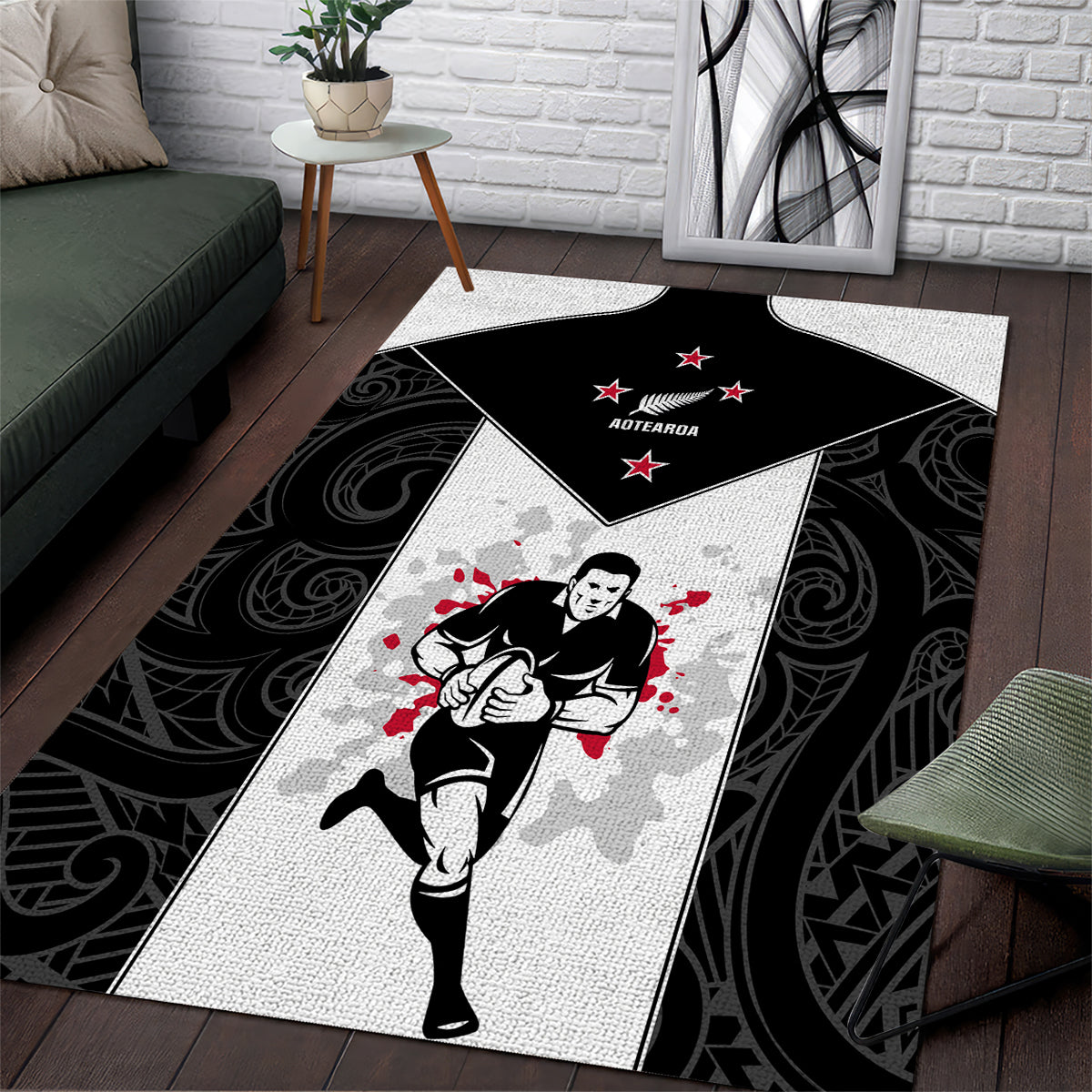 New Zealand Player Rugby Area Rug World Cup 2023 Maori Pattern LT05 Black - Polynesian Pride