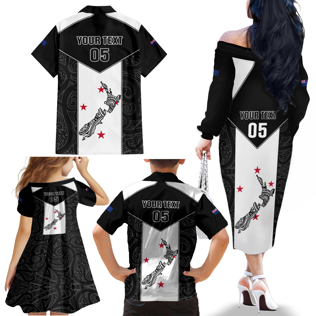 Custom New Zealand Player Rugby Family Matching Off Shoulder Long Sleeve Dress and Hawaiian Shirt World Cup 2023 Maori Pattern LT05 - Polynesian Pride