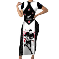 Custom New Zealand Player Rugby Family Matching Short Sleeve Bodycon Dress and Hawaiian Shirt World Cup 2023 Maori Pattern LT05 Mom's Dress Black - Polynesian Pride