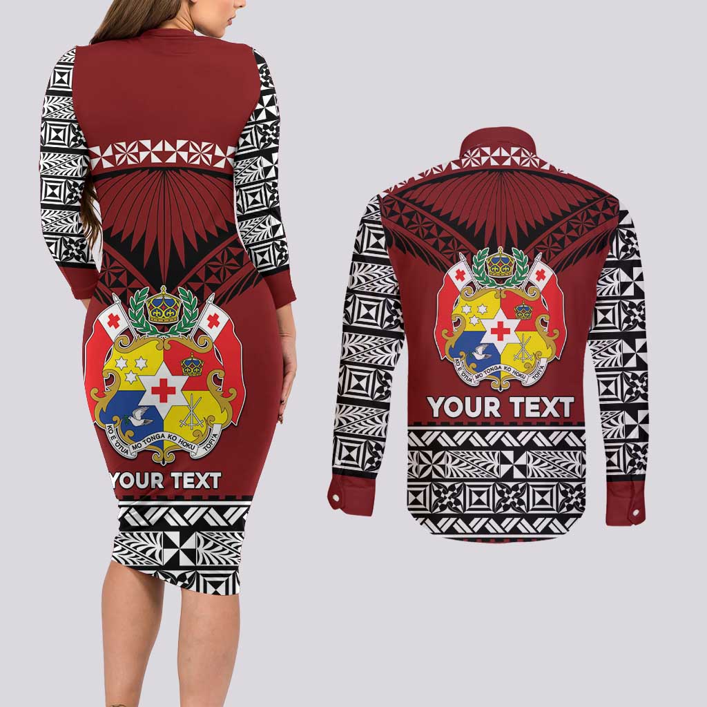 Personalised Tonga Constitution Day Couples Matching Long Sleeve Bodycon Dress and Long Sleeve Button Shirt Tongan Kupesi Ngatu Pattern