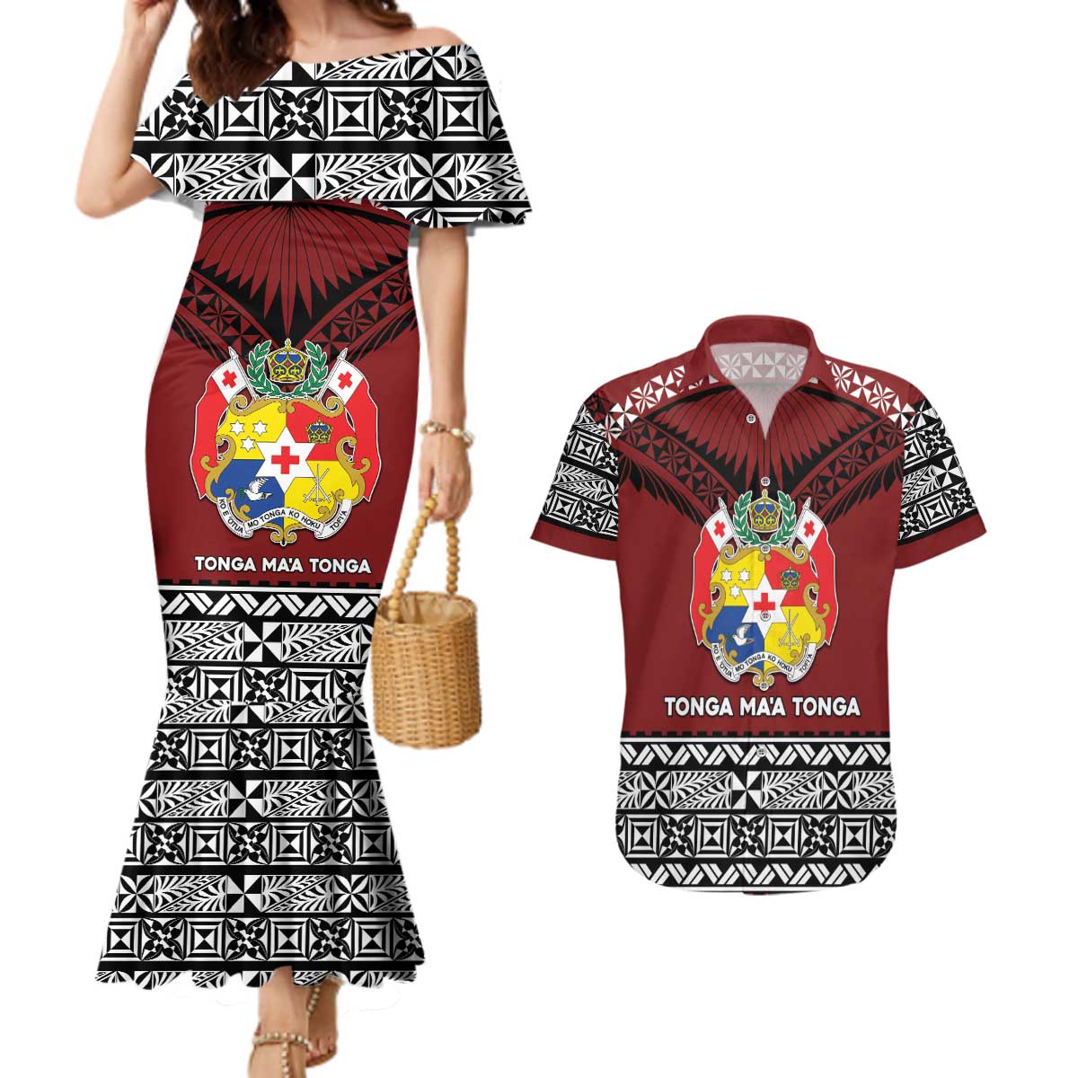 Personalised Tonga Constitution Day Couples Matching Mermaid Dress and Hawaiian Shirt Tongan Kupesi Ngatu Pattern