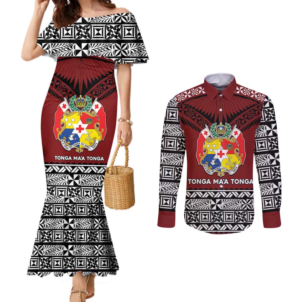 Personalised Tonga Constitution Day Couples Matching Mermaid Dress and Long Sleeve Button Shirt Tongan Kupesi Ngatu Pattern