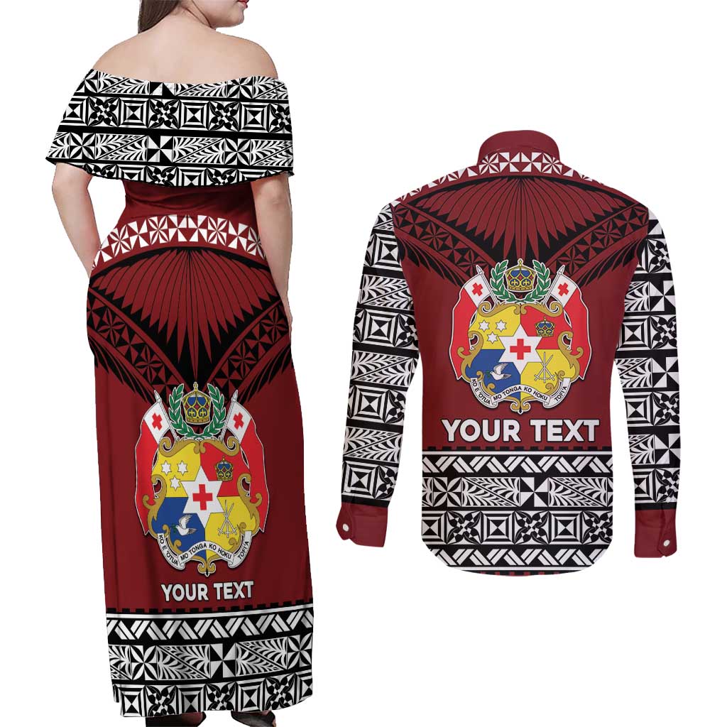 Personalised Tonga Constitution Day Couples Matching Off Shoulder Maxi Dress and Long Sleeve Button Shirt Tongan Kupesi Ngatu Pattern