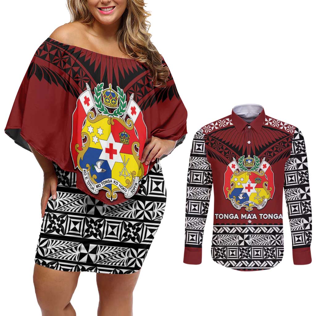 Personalised Tonga Constitution Day Couples Matching Off Shoulder Short Dress and Long Sleeve Button Shirt Tongan Kupesi Ngatu Pattern