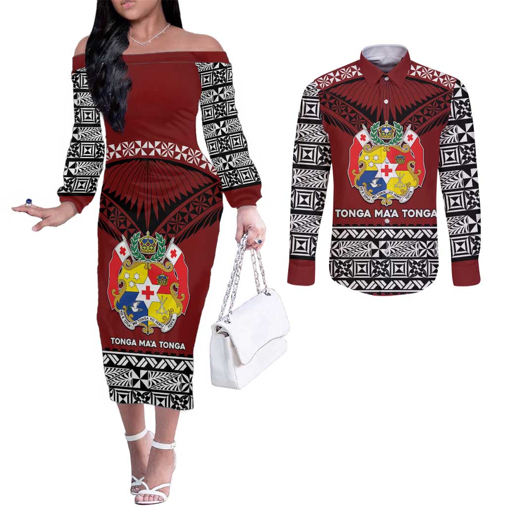 Personalised Tonga Constitution Day Couples Matching Off The Shoulder Long Sleeve Dress and Long Sleeve Button Shirt Tongan Kupesi Ngatu Pattern