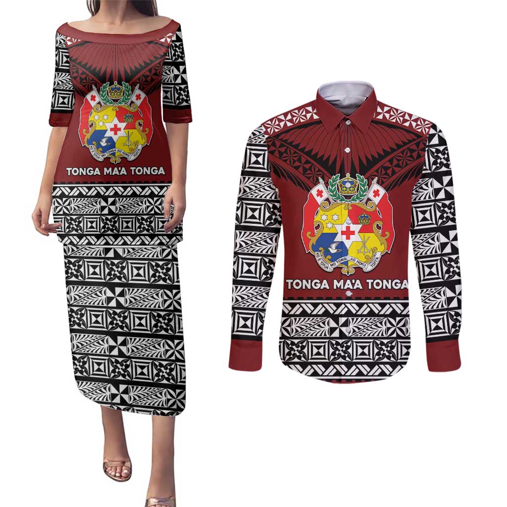 Personalised Tonga Constitution Day Couples Matching Puletasi and Long Sleeve Button Shirt Tongan Kupesi Ngatu Pattern