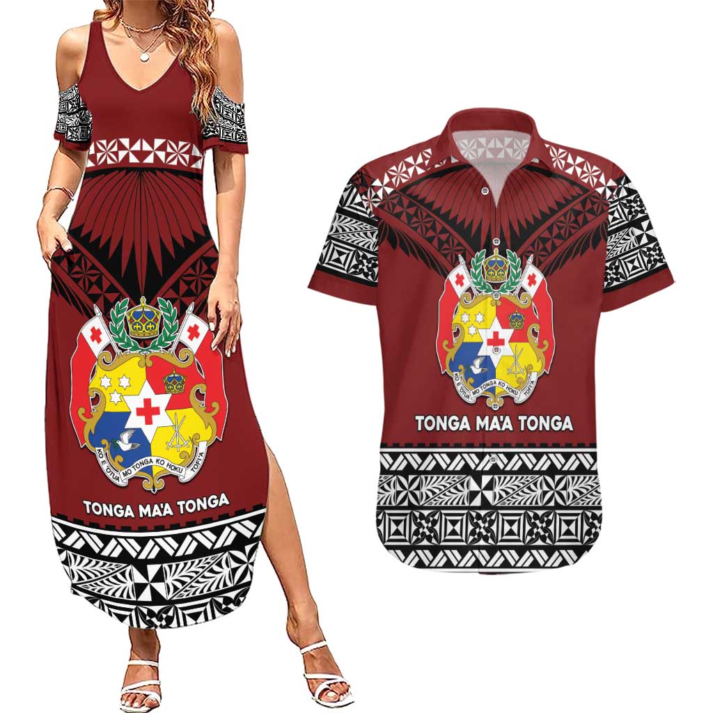 Personalised Tonga Constitution Day Couples Matching Summer Maxi Dress and Hawaiian Shirt Tongan Kupesi Ngatu Pattern