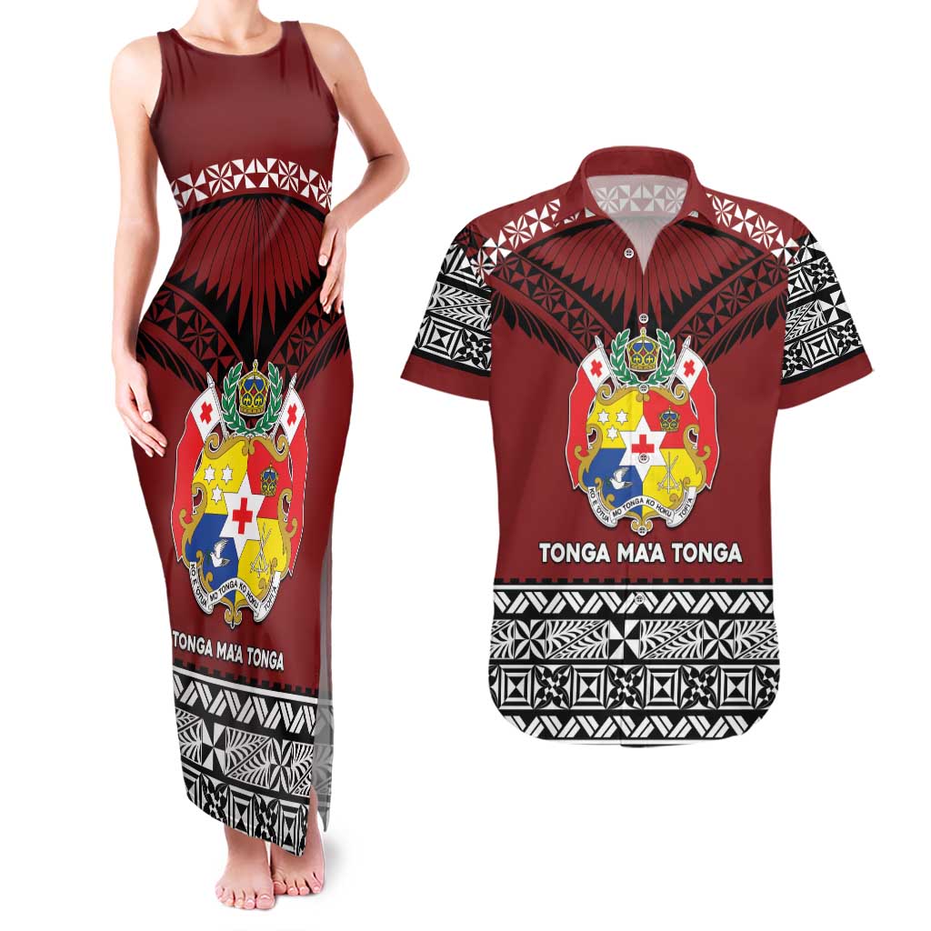 Personalised Tonga Constitution Day Couples Matching Tank Maxi Dress and Hawaiian Shirt Tongan Kupesi Ngatu Pattern