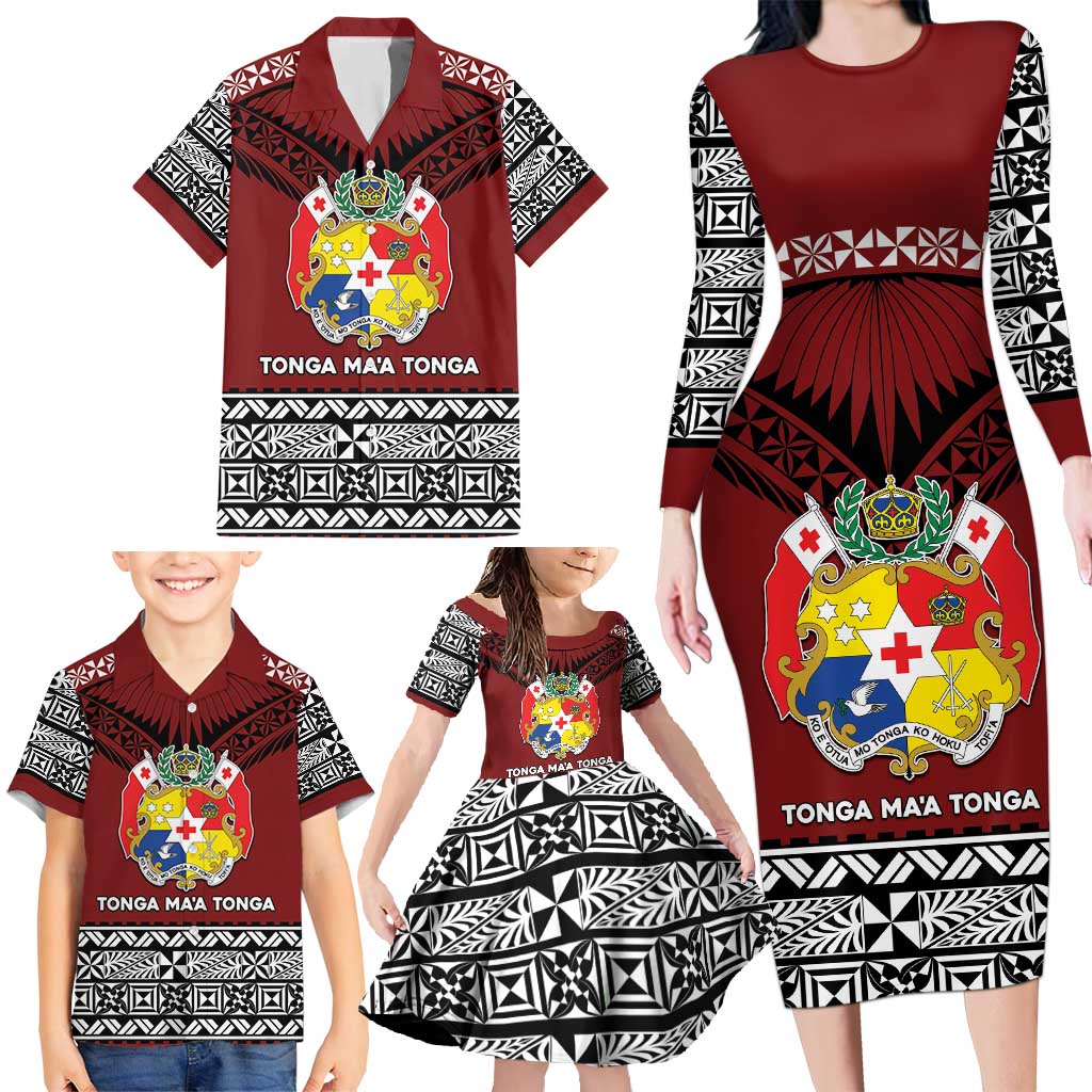 Personalised Tonga Constitution Day Family Matching Long Sleeve Bodycon Dress and Hawaiian Shirt Tongan Kupesi Ngatu Pattern