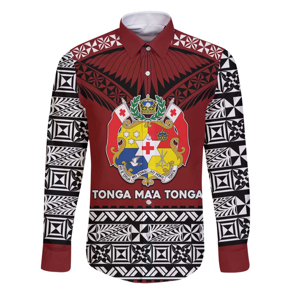 Personalised Tonga Constitution Day Family Matching Long Sleeve Bodycon Dress and Hawaiian Shirt Tongan Kupesi Ngatu Pattern LT05 Dad's Shirt - Long Sleeve Red - Polynesian Pride