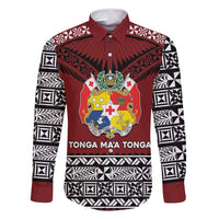 Personalised Tonga Constitution Day Family Matching Mermaid Dress and Hawaiian Shirt Tongan Kupesi Ngatu Pattern LT05 Dad's Shirt - Long Sleeve Red - Polynesian Pride