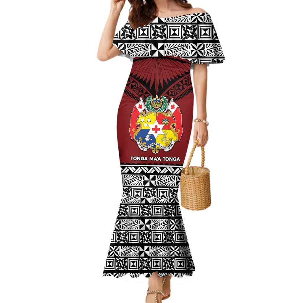 Personalised Tonga Constitution Day Family Matching Mermaid Dress and Hawaiian Shirt Tongan Kupesi Ngatu Pattern LT05 Mom's Dress Red - Polynesian Pride