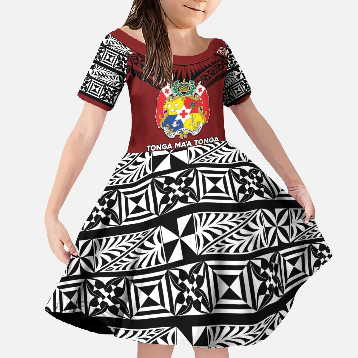 Personalised Tonga Constitution Day Family Matching Off The Shoulder Long Sleeve Dress and Hawaiian Shirt Tongan Kupesi Ngatu Pattern LT05 Daughter's Dress Red - Polynesian Pride