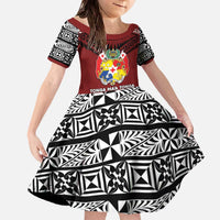 Personalised Tonga Constitution Day Family Matching Off The Shoulder Long Sleeve Dress and Hawaiian Shirt Tongan Kupesi Ngatu Pattern LT05 Daughter's Dress Red - Polynesian Pride