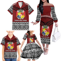 Personalised Tonga Constitution Day Family Matching Off The Shoulder Long Sleeve Dress and Hawaiian Shirt Tongan Kupesi Ngatu Pattern LT05 - Polynesian Pride