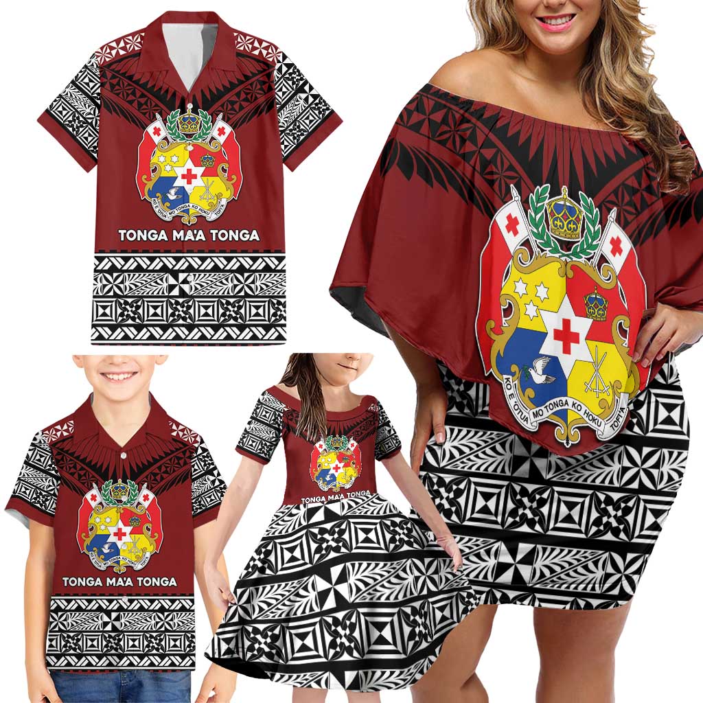 Personalised Tonga Constitution Day Family Matching Off Shoulder Short Dress and Hawaiian Shirt Tongan Kupesi Ngatu Pattern