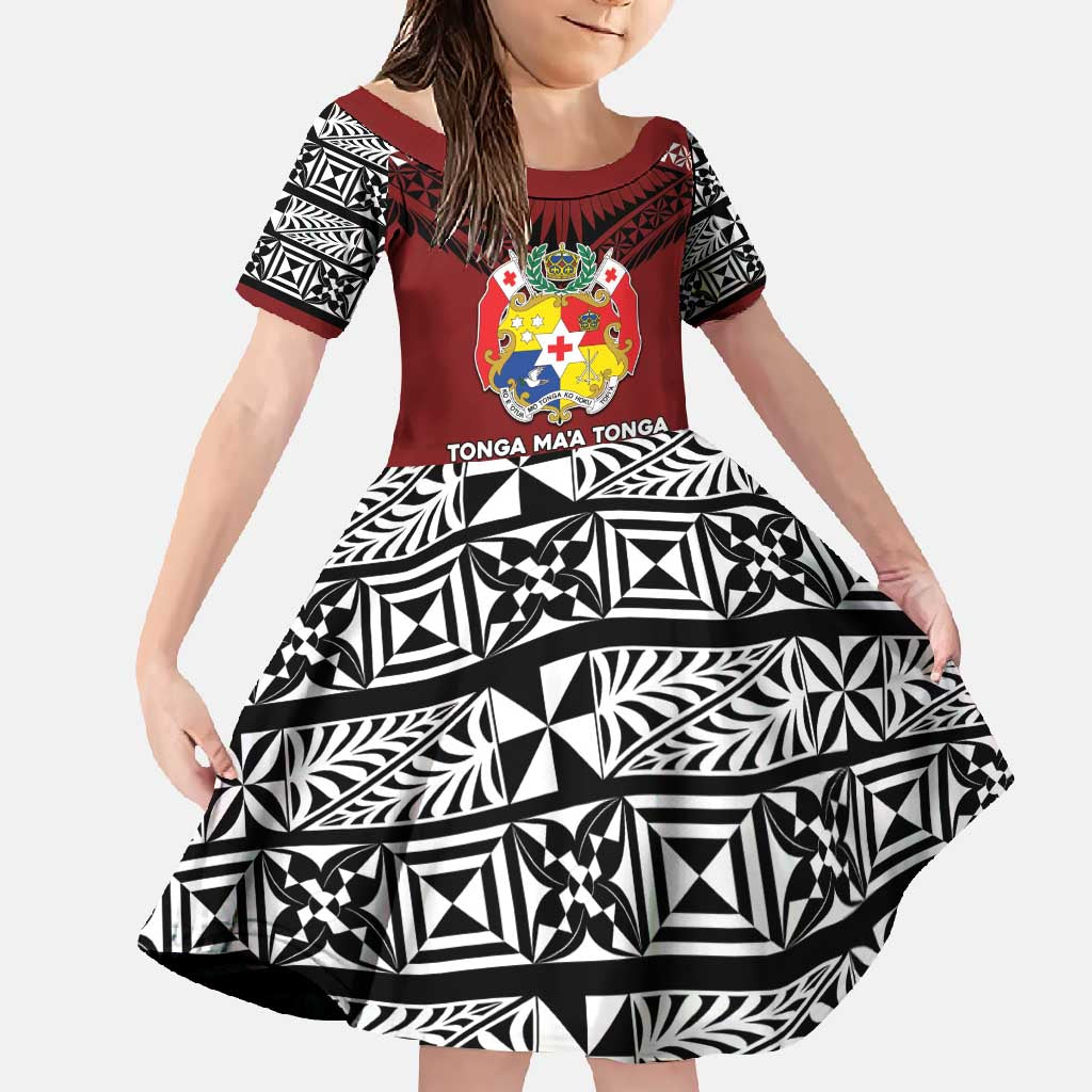 Personalised Tonga Constitution Day Family Matching Short Sleeve Bodycon Dress and Hawaiian Shirt Tongan Kupesi Ngatu Pattern LT05 Daughter's Dress Red - Polynesian Pride