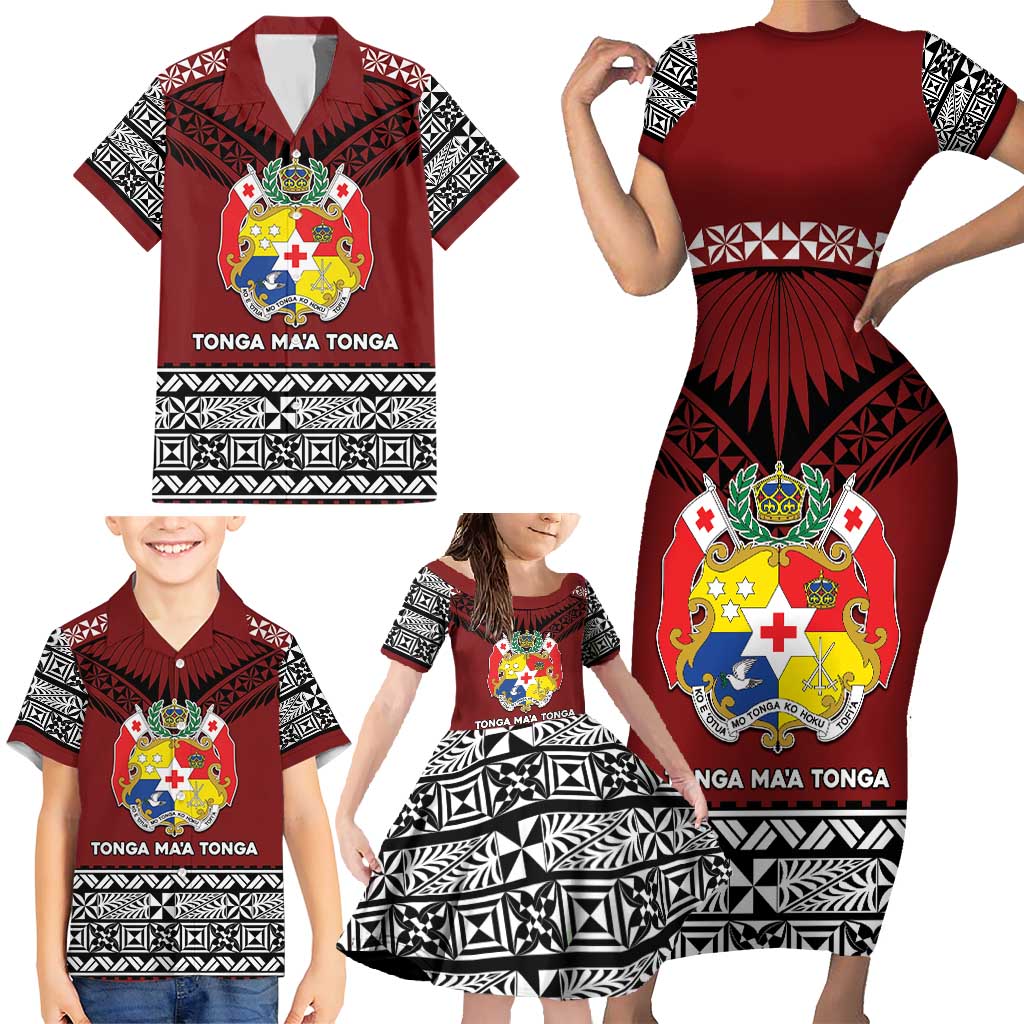 Personalised Tonga Constitution Day Family Matching Short Sleeve Bodycon Dress and Hawaiian Shirt Tongan Kupesi Ngatu Pattern LT05 - Polynesian Pride