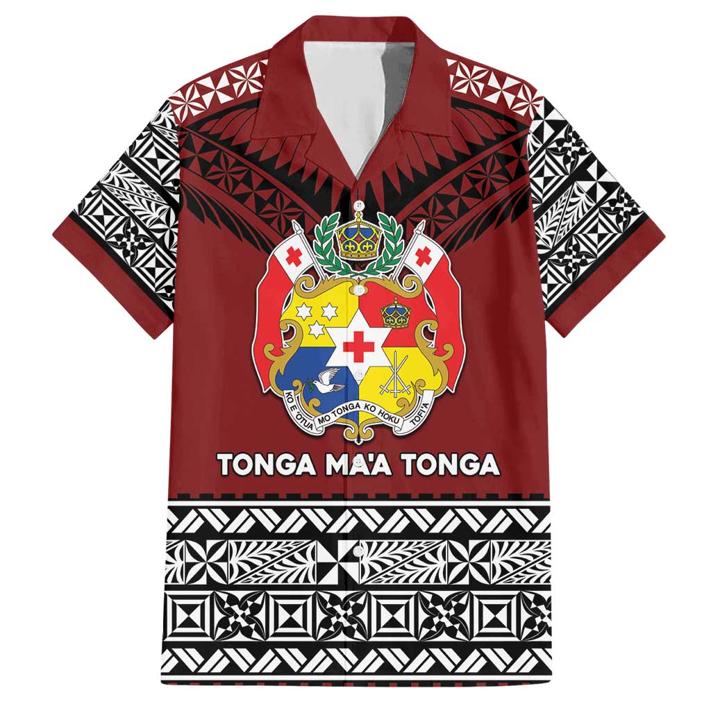 Personalised Tonga Constitution Day Family Matching Short Sleeve Bodycon Dress and Hawaiian Shirt Tongan Kupesi Ngatu Pattern LT05 Dad's Shirt - Short Sleeve Red - Polynesian Pride