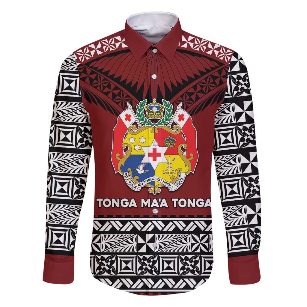 Personalised Tonga Constitution Day Family Matching Short Sleeve Bodycon Dress and Hawaiian Shirt Tongan Kupesi Ngatu Pattern LT05 Dad's Shirt - Long Sleeve Red - Polynesian Pride
