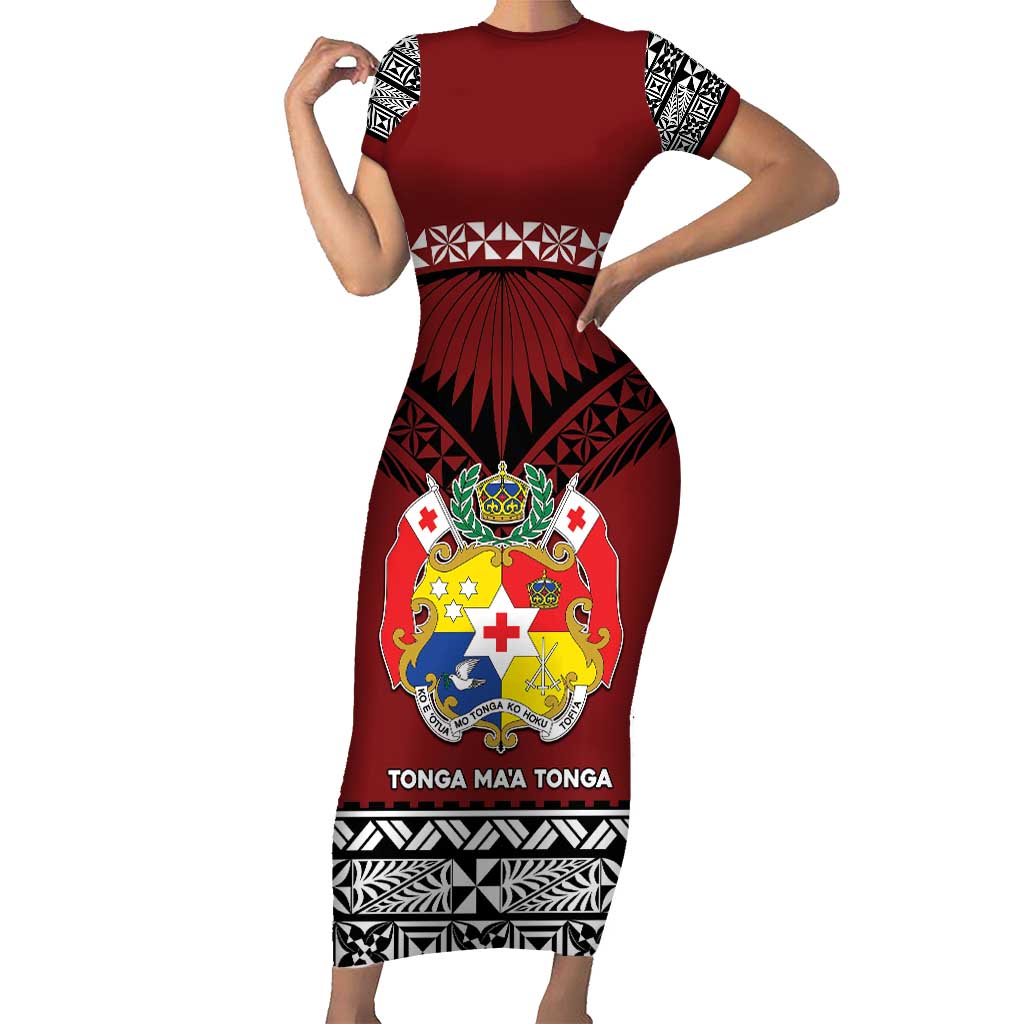 Personalised Tonga Constitution Day Short Sleeve Bodycon Dress Tongan Kupesi Ngatu Pattern