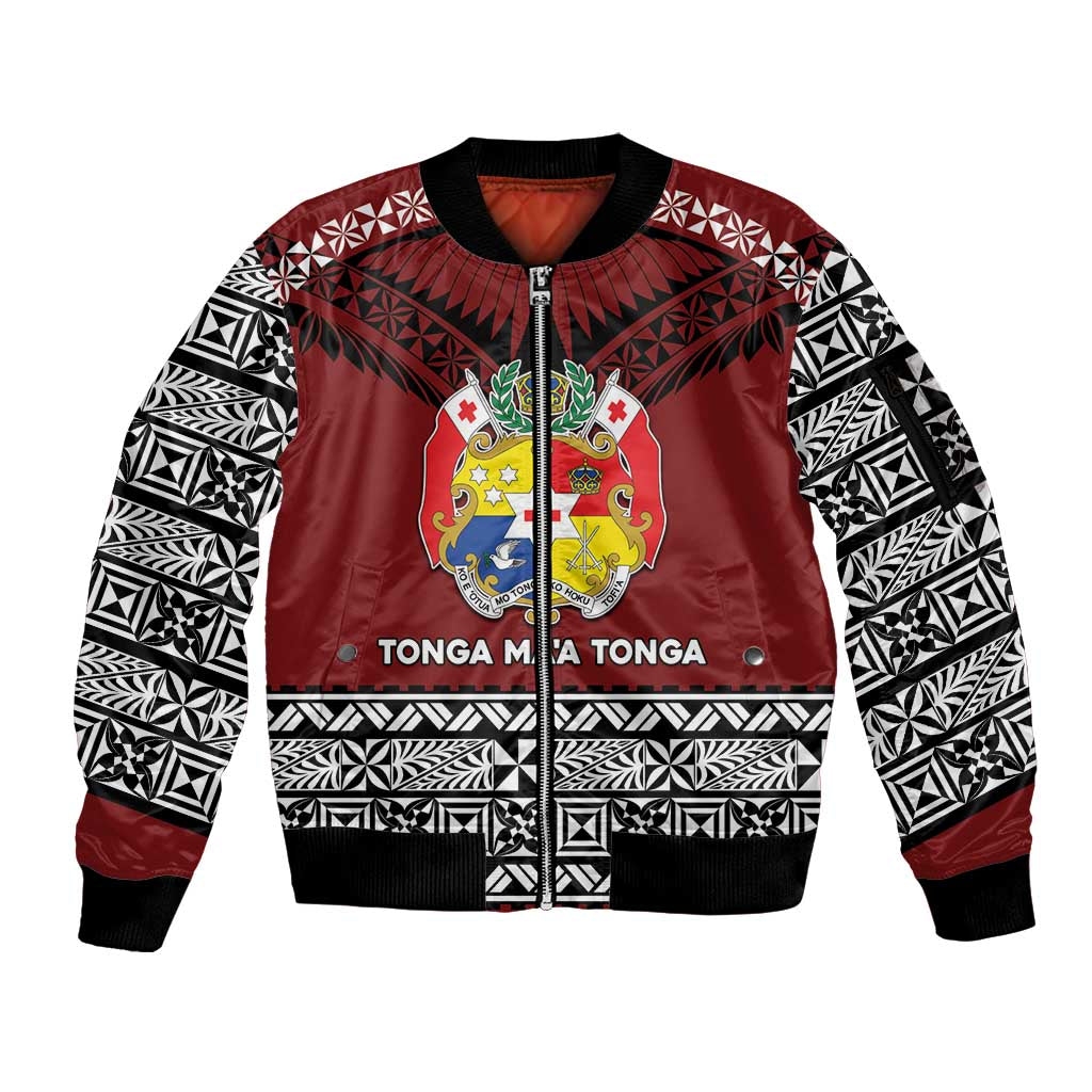 Personalised Tonga Constitution Day Sleeve Zip Bomber Jacket Tongan Kupesi Ngatu Pattern