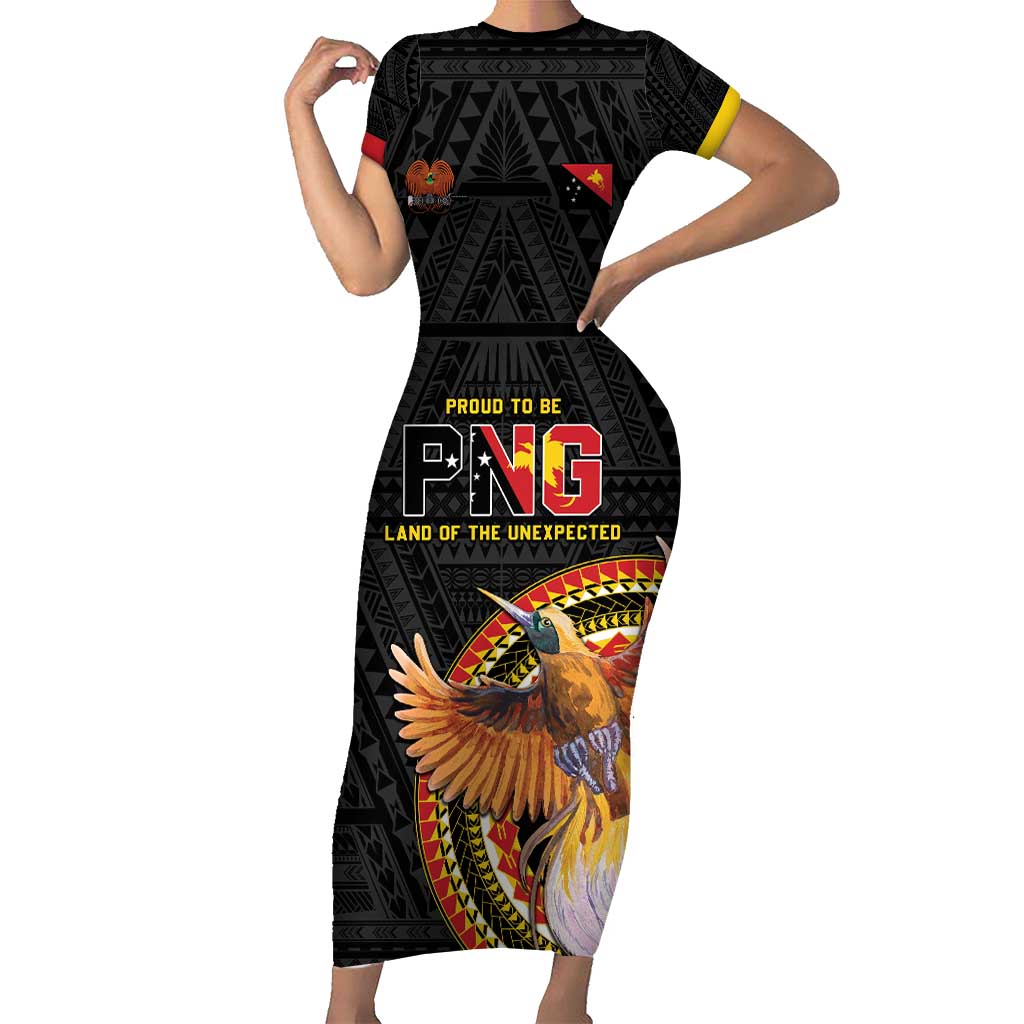 Papua New Guinea Tok Pisin Wik Family Matching Short Sleeve Bodycon Dress and Hawaiian Shirt Land Of The Unexpected LT05 Mom's Dress Black - Polynesian Pride