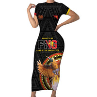 Papua New Guinea Tok Pisin Wik Family Matching Short Sleeve Bodycon Dress and Hawaiian Shirt Land Of The Unexpected LT05 Mom's Dress Black - Polynesian Pride