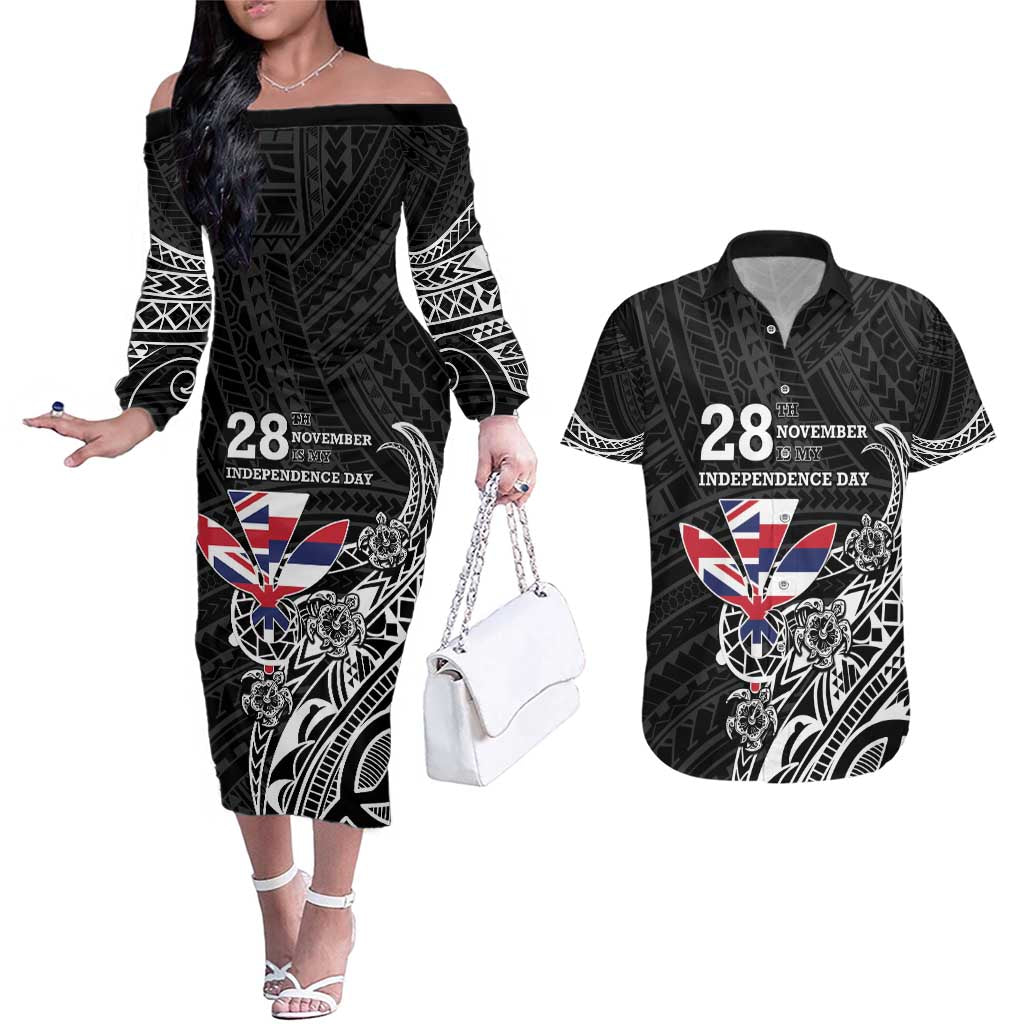 Hawaii November 28th Is My Independence Day Couples Matching Off The Shoulder Long Sleeve Dress and Hawaiian Shirt
