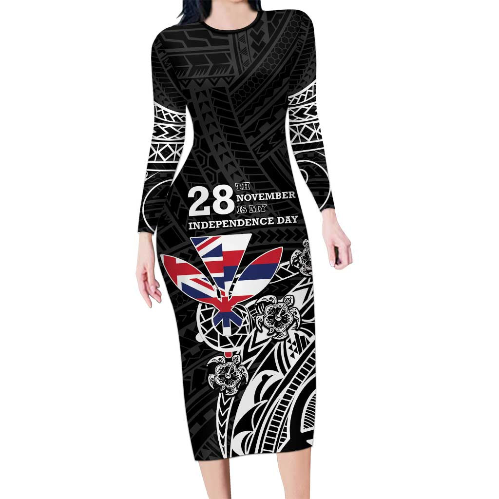 Hawaii November 28th Is My Independence Day Family Matching Long Sleeve Bodycon Dress and Hawaiian Shirt LT05 Mom's Dress Black - Polynesian Pride