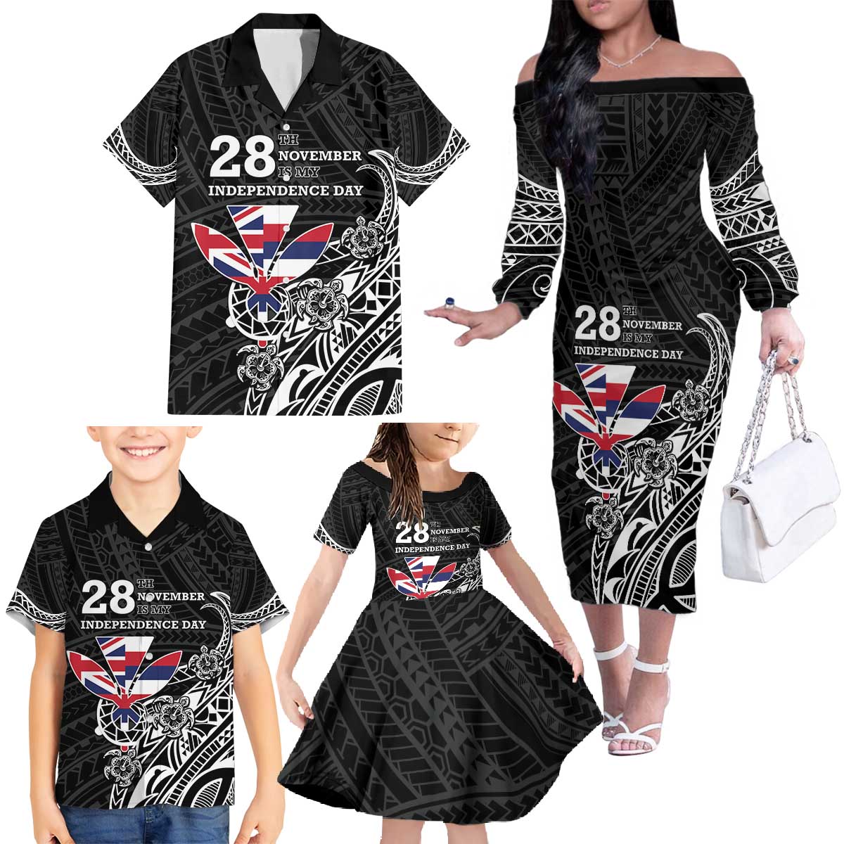 Hawaii November 28th Is My Independence Day Family Matching Off The Shoulder Long Sleeve Dress and Hawaiian Shirt LT05 - Polynesian Pride