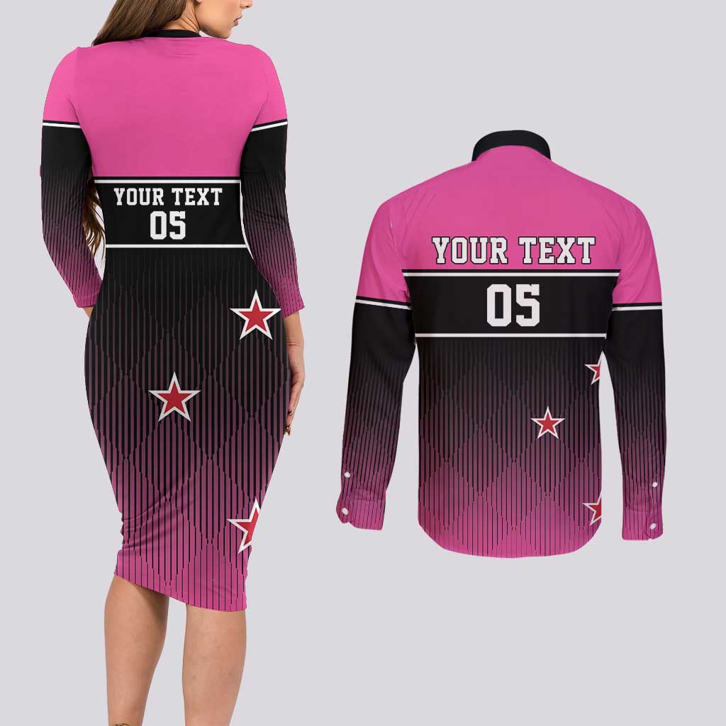 Custom New Zealand Women Cricket Couples Matching Long Sleeve Bodycon Dress and Long Sleeve Button Shirt Pink Simple Style