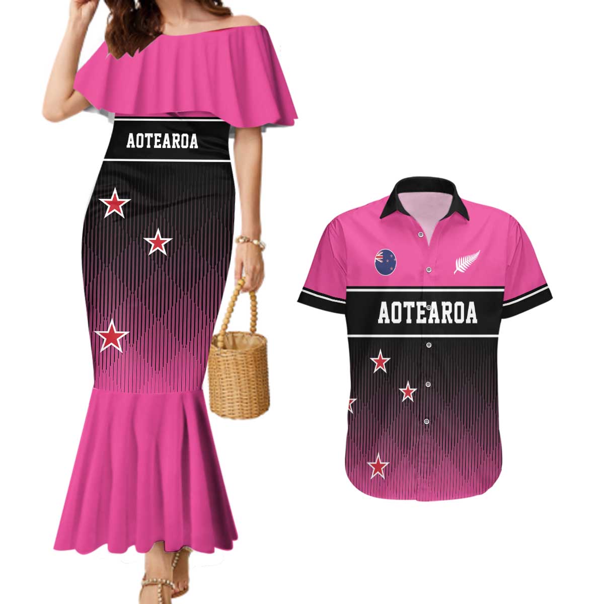 Custom New Zealand Women Cricket Couples Matching Mermaid Dress and Hawaiian Shirt Pink Simple Style