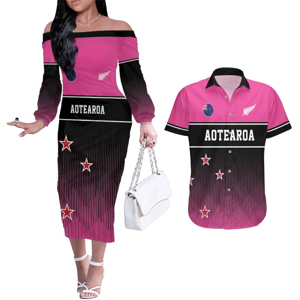 Custom New Zealand Women Cricket Couples Matching Off The Shoulder Long Sleeve Dress and Hawaiian Shirt Pink Simple Style